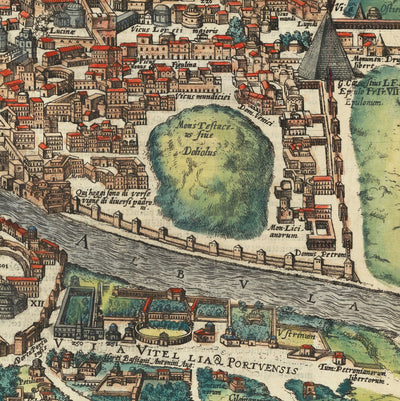 Ancienne carte de Rome, 1588 par Georg Braun - Forum, Panthéon, Circus Maximus, Colisée, Vatican