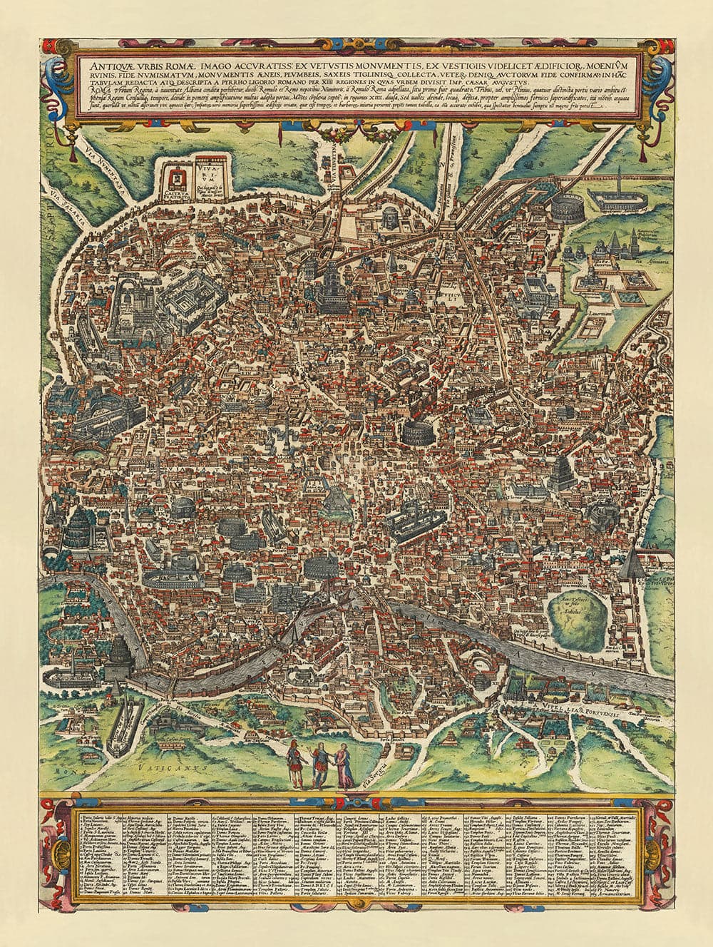 Ancienne carte de Rome, 1588 par Georg Braun - Forum, Panthéon, Circus Maximus, Colisée, Vatican