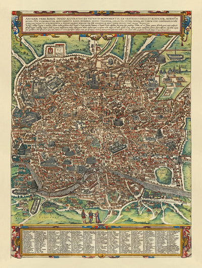 Ancienne carte de Rome, 1588 par Georg Braun - Forum, Panthéon, Circus Maximus, Colisée, Vatican