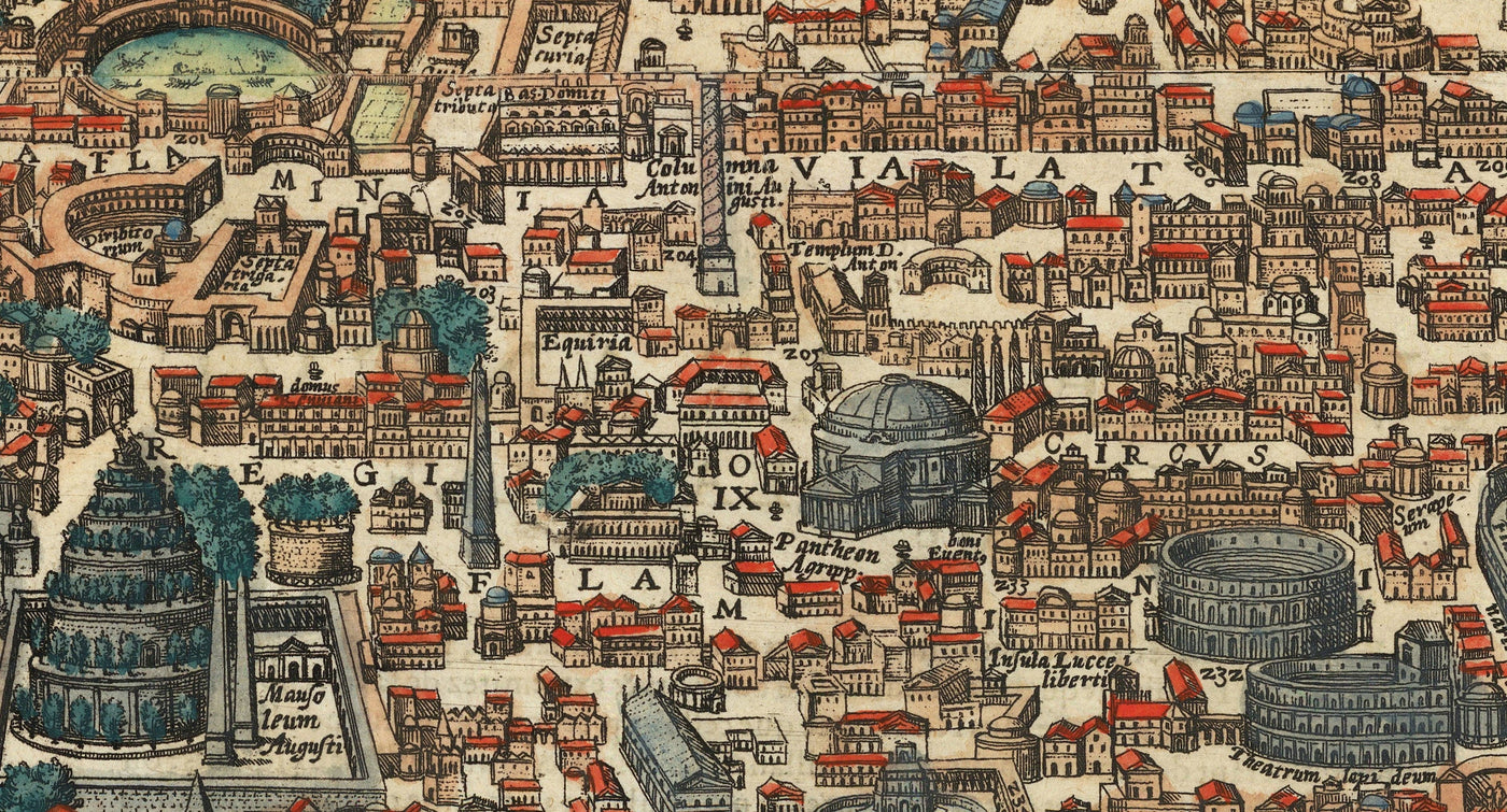 Ancienne carte de Rome, 1588 par Georg Braun - Forum, Panthéon, Circus Maximus, Colisée, Vatican