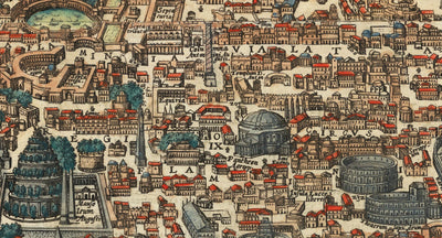 Ancienne carte de Rome, 1588 par Georg Braun - Forum, Panthéon, Circus Maximus, Colisée, Vatican