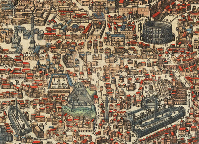 Ancienne carte de Rome, 1588 par Georg Braun - Forum, Panthéon, Circus Maximus, Colisée, Vatican