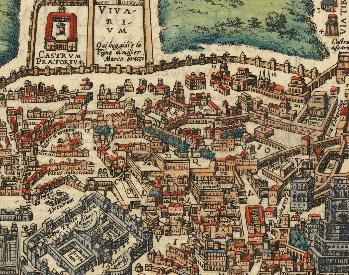 Ancienne carte de Rome, 1588 par Georg Braun - Forum, Panthéon, Circus Maximus, Colisée, Vatican