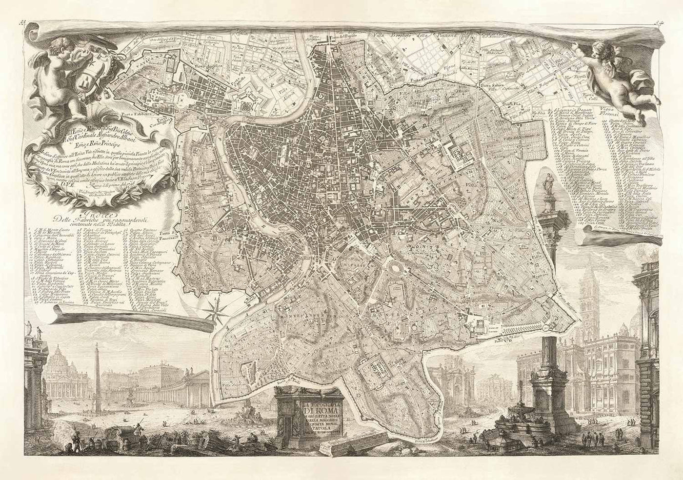 Rare ancienne carte de Rome, Italie par Nolli & Piranesi, 1748 - Vatican, Basilique St Peter, Trevi Fountain, Colosseum