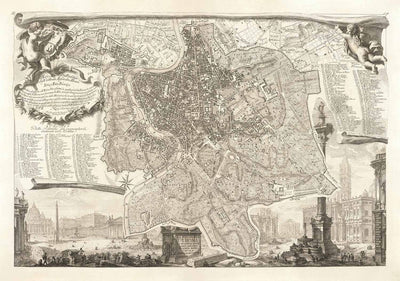 Rare ancienne carte de Rome, Italie par Nolli & Piranesi, 1748 - Vatican, Basilique St Peter, Trevi Fountain, Colosseum