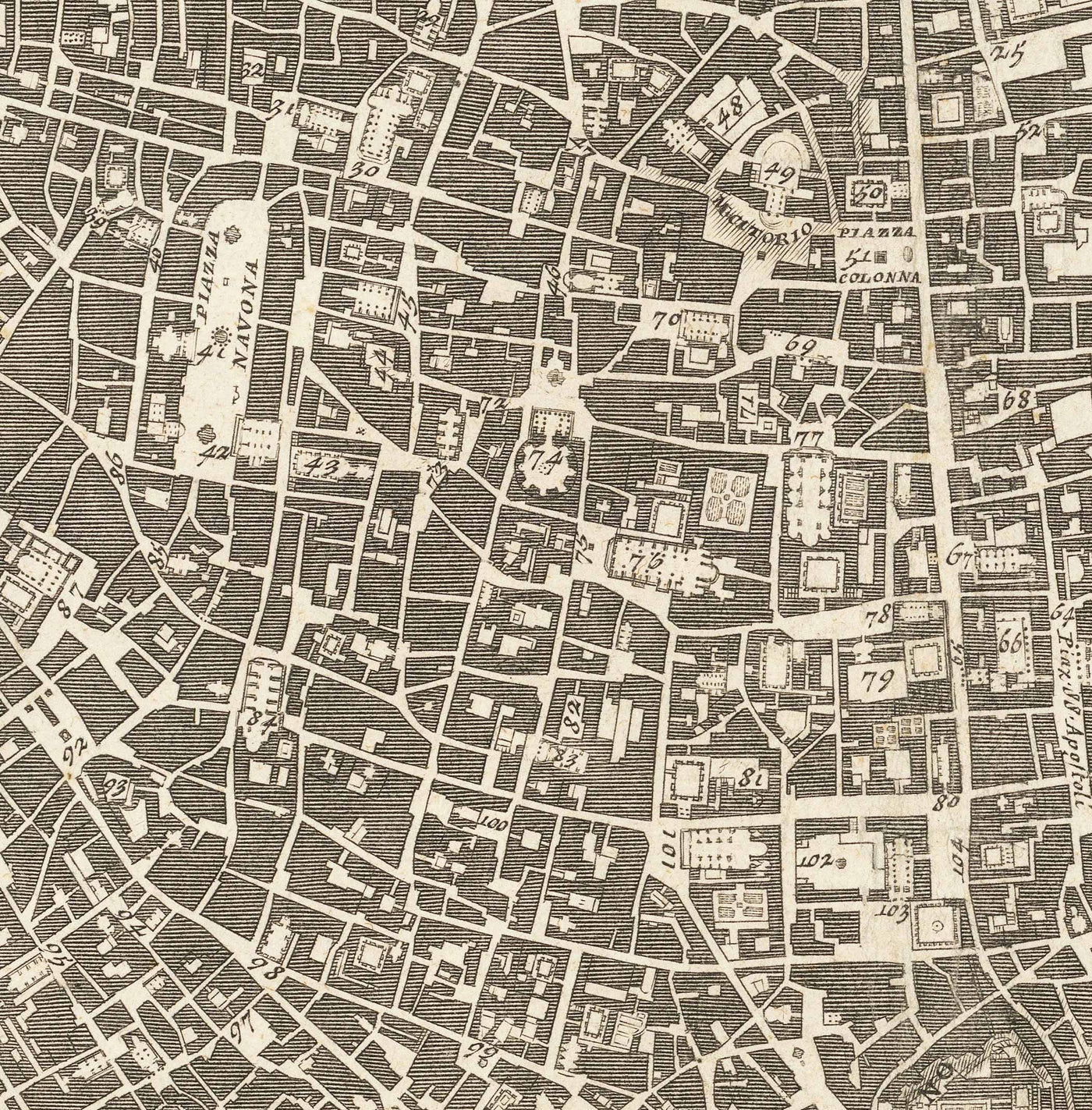 Rare ancienne carte de Rome, Italie par Nolli & Piranesi, 1748 - Vatican, Basilique St Peter, Trevi Fountain, Colosseum
