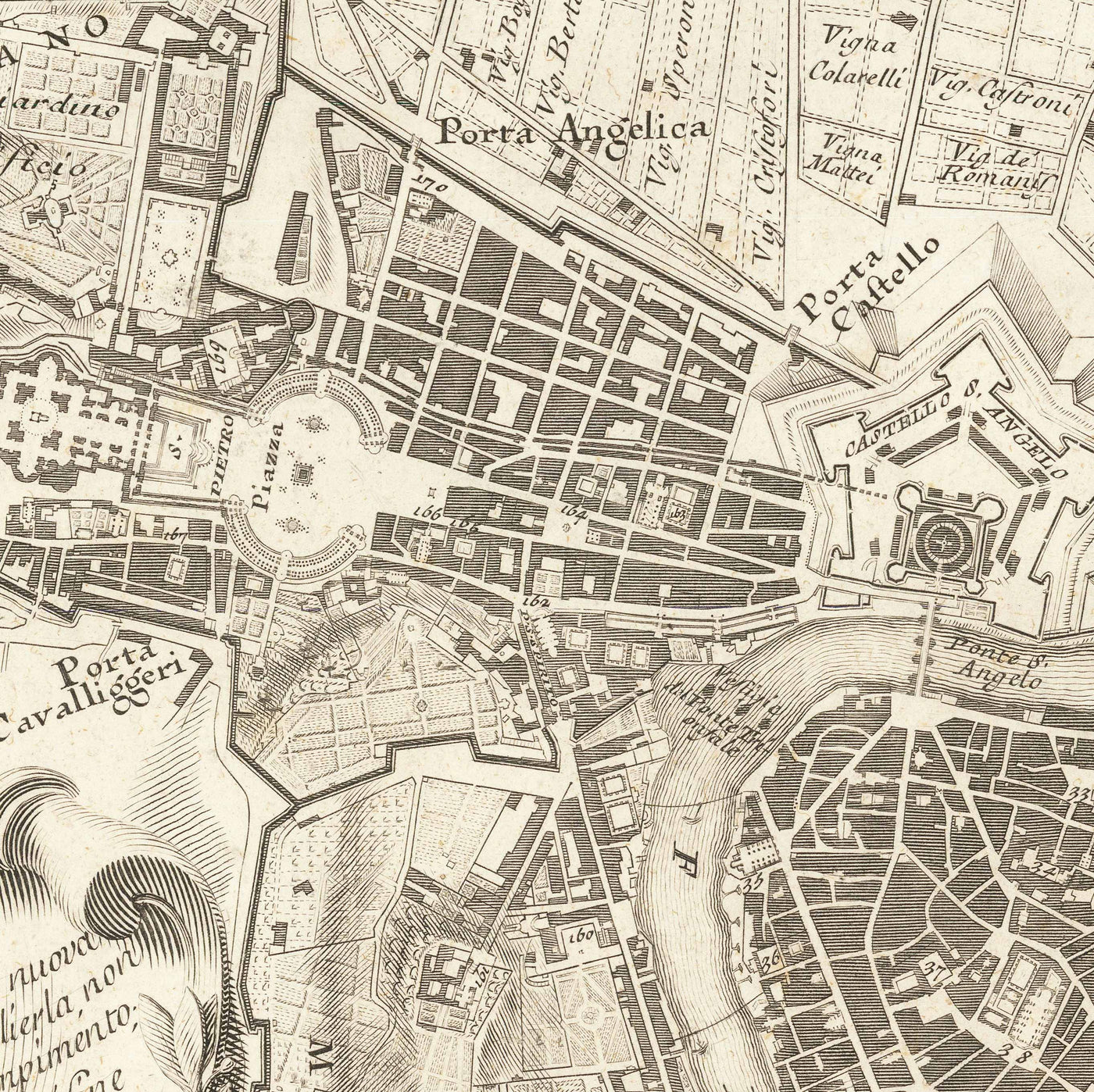 Rare ancienne carte de Rome, Italie par Nolli & Piranesi, 1748 - Vatican, Basilique St Peter, Trevi Fountain, Colosseum