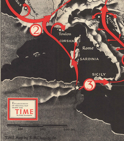 Las rutas a Berlín, 1943 - Antiguo mapa de la Segunda Guerra Mundial (con un triste Hitler)