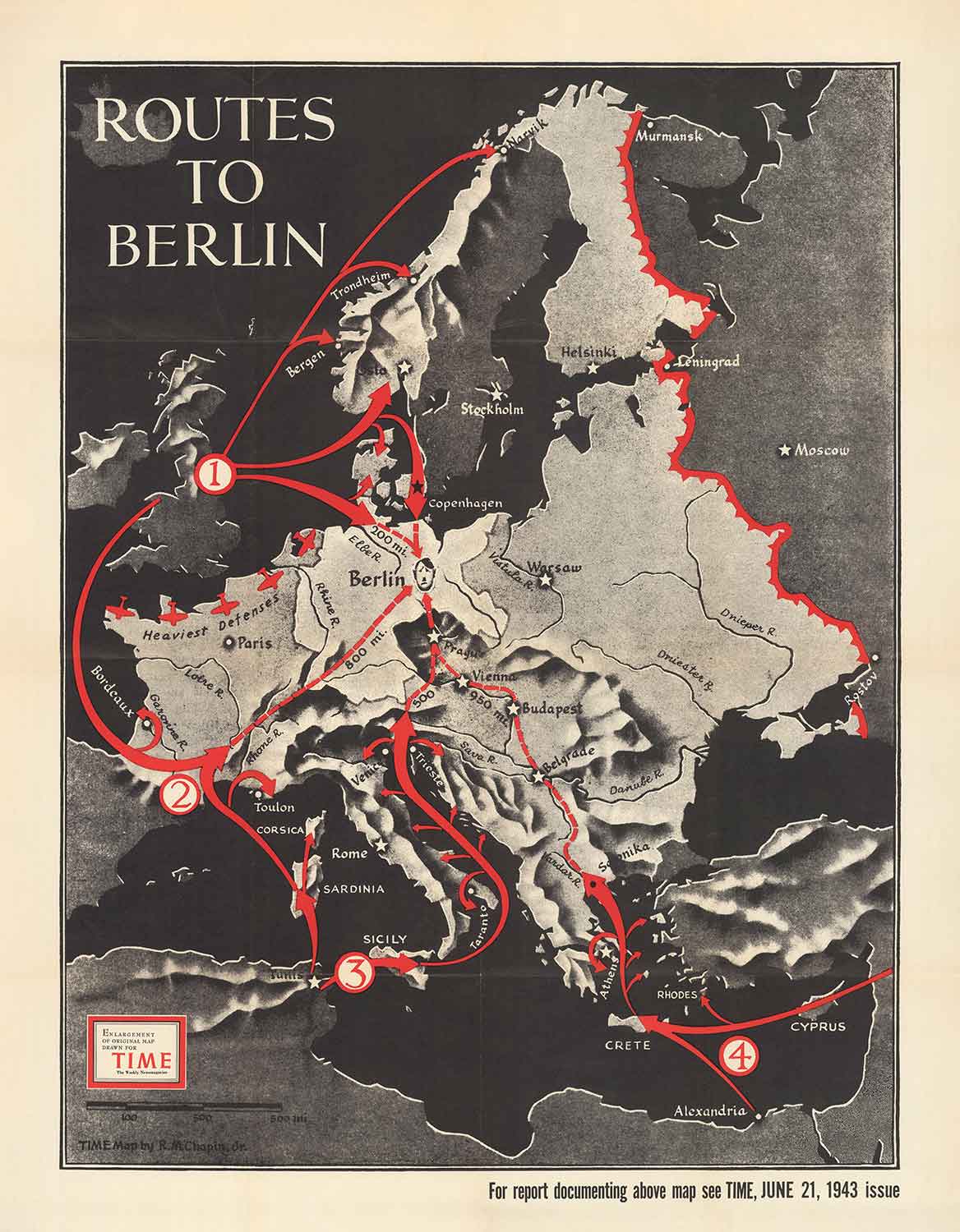 Las rutas a Berlín, 1943 - Antiguo mapa de la Segunda Guerra Mundial (con un triste Hitler)