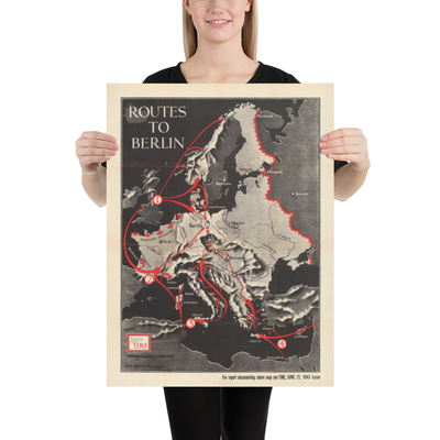 Las rutas a Berlín, 1943 - Antiguo mapa de la Segunda Guerra Mundial (con un triste Hitler)
