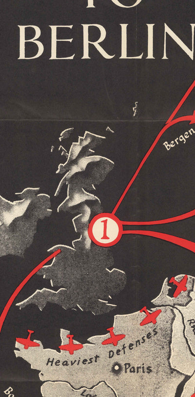 Las rutas a Berlín, 1943 - Antiguo mapa de la Segunda Guerra Mundial (con un triste Hitler)