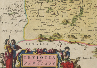 Antiguo mapa de Roxburghshire en 1665 por Joan Blaeu - Roxburgh, Branxholm, Hawick, Harwood on Teviot, Ancrum