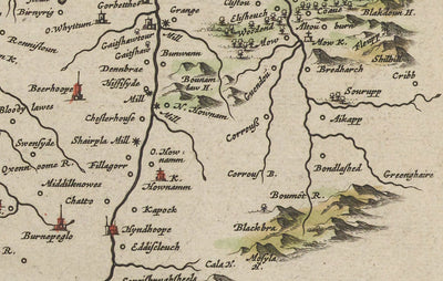 Antiguo mapa de Roxburghshire en 1665 por Joan Blaeu - Roxburgh, Branxholm, Hawick, Harwood on Teviot, Ancrum