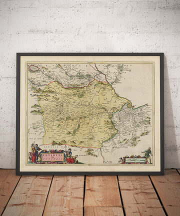 Ancienne carte du Roxburghshire en 1665 par Joan Blaeu - Roxburgh, Branxholm, Hawick, Harwood on Teviot, Ancrum