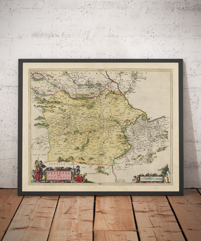 Antiguo mapa de Roxburghshire en 1665 por Joan Blaeu - Roxburgh, Branxholm, Hawick, Harwood on Teviot, Ancrum