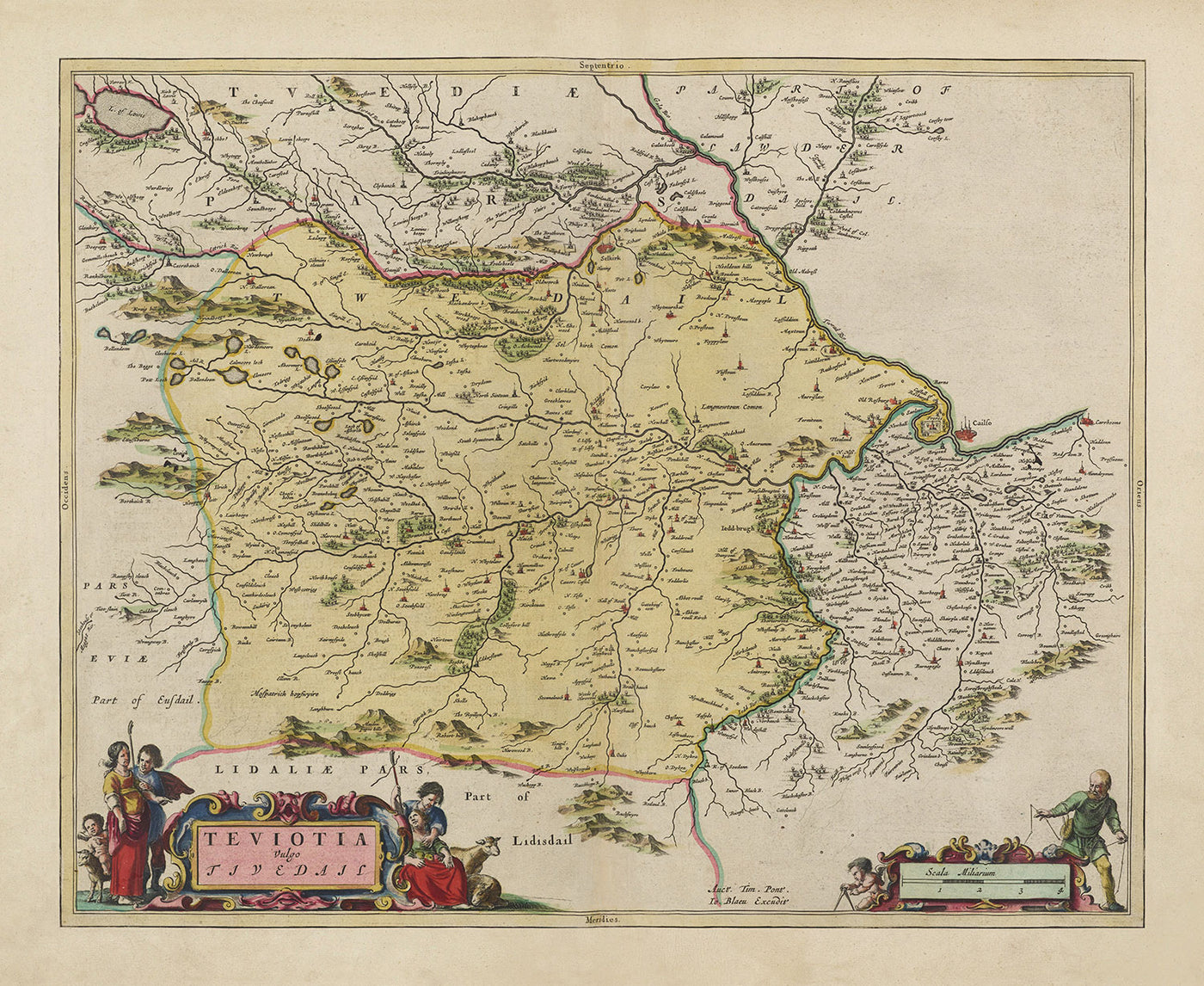 Antiguo mapa de Roxburghshire en 1665 por Joan Blaeu - Roxburgh, Branxholm, Hawick, Harwood on Teviot, Ancrum