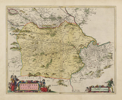 Antiguo mapa de Roxburghshire en 1665 por Joan Blaeu - Roxburgh, Branxholm, Hawick, Harwood on Teviot, Ancrum