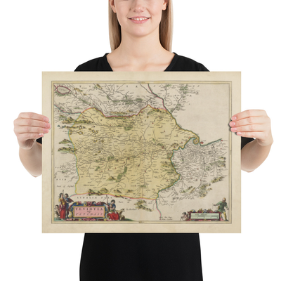 Antiguo mapa de Roxburghshire en 1665 por Joan Blaeu - Roxburgh, Branxholm, Hawick, Harwood on Teviot, Ancrum