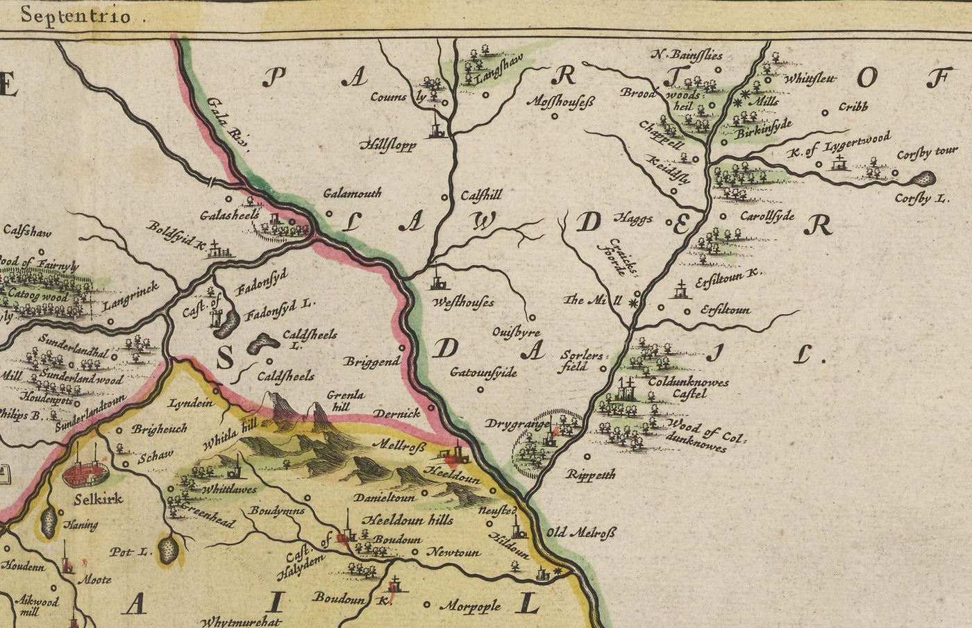 Antiguo mapa de Roxburghshire en 1665 por Joan Blaeu - Roxburgh, Branxholm, Hawick, Harwood on Teviot, Ancrum