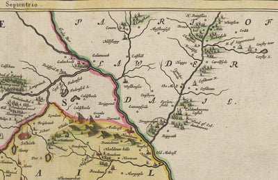 Antiguo mapa de Roxburghshire en 1665 por Joan Blaeu - Roxburgh, Branxholm, Hawick, Harwood on Teviot, Ancrum