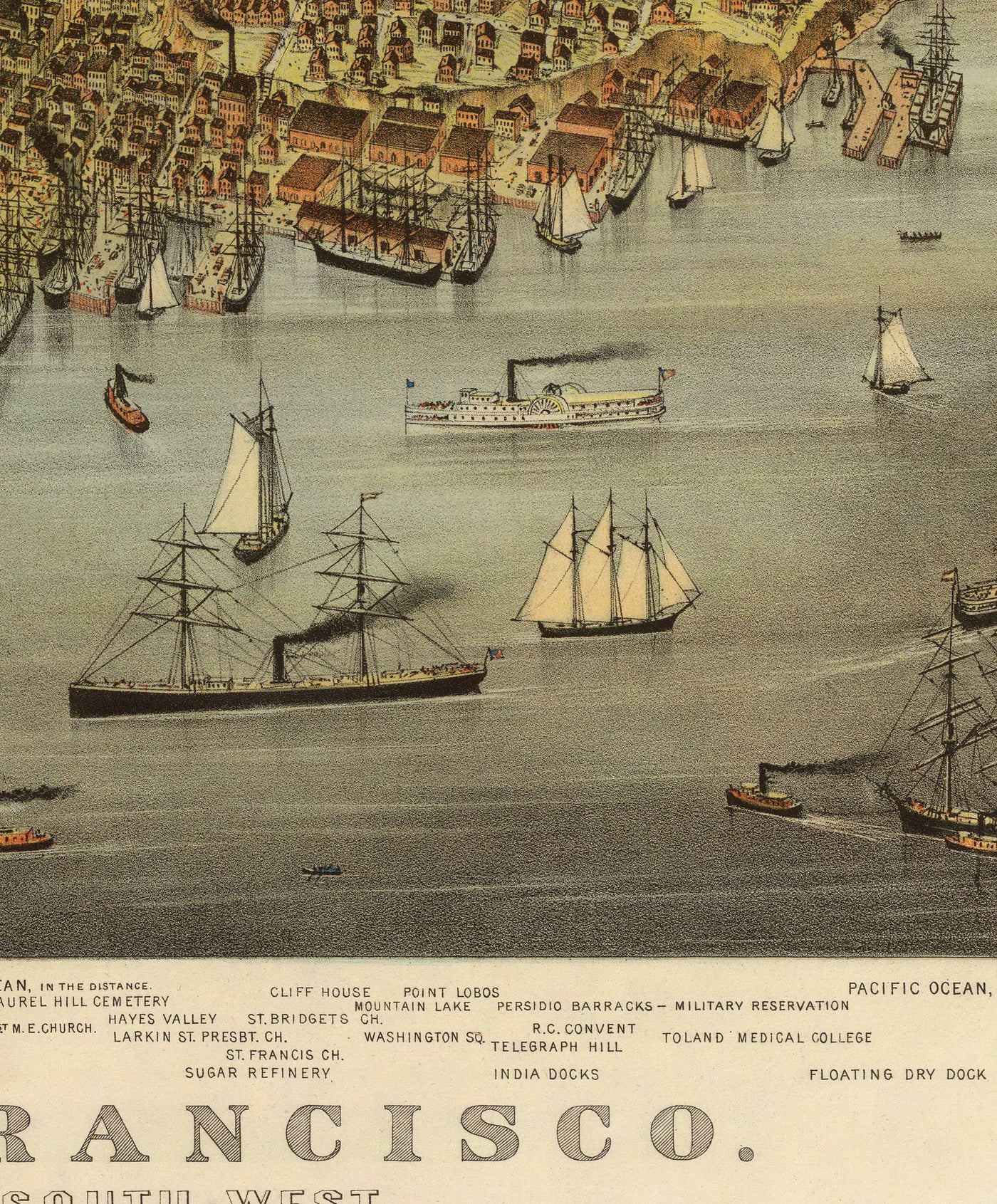 Vieux oiseaux Carte des yeux de San Francisco en 1878 - Baie de la baie, Golden Gate, Gold Rush, Mission Bay, North Beach