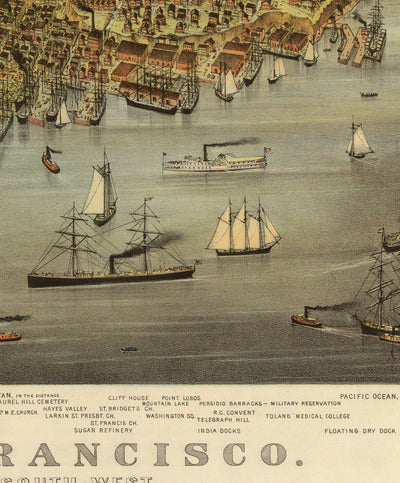 Vieux oiseaux Carte des yeux de San Francisco en 1878 - Baie de la baie, Golden Gate, Gold Rush, Mission Bay, North Beach