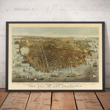 Alte Birds Eye Karte von San Francisco im Jahr 1878 - Bay Area, Golden Gate, Goldrausch, Mission Bay, North Beach 