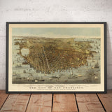 Old Birds Eye Map of San Francisco in 1878 - Bay Area, Golden Gate, Gold Rush, Mission Bay, North Beach
