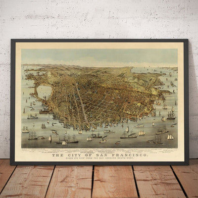 Vieux oiseaux Carte des yeux de San Francisco en 1878 - Baie de la baie, Golden Gate, Gold Rush, Mission Bay, North Beach
