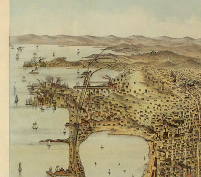 Vieux oiseaux Carte des yeux de San Francisco en 1878 - Baie de la baie, Golden Gate, Gold Rush, Mission Bay, North Beach