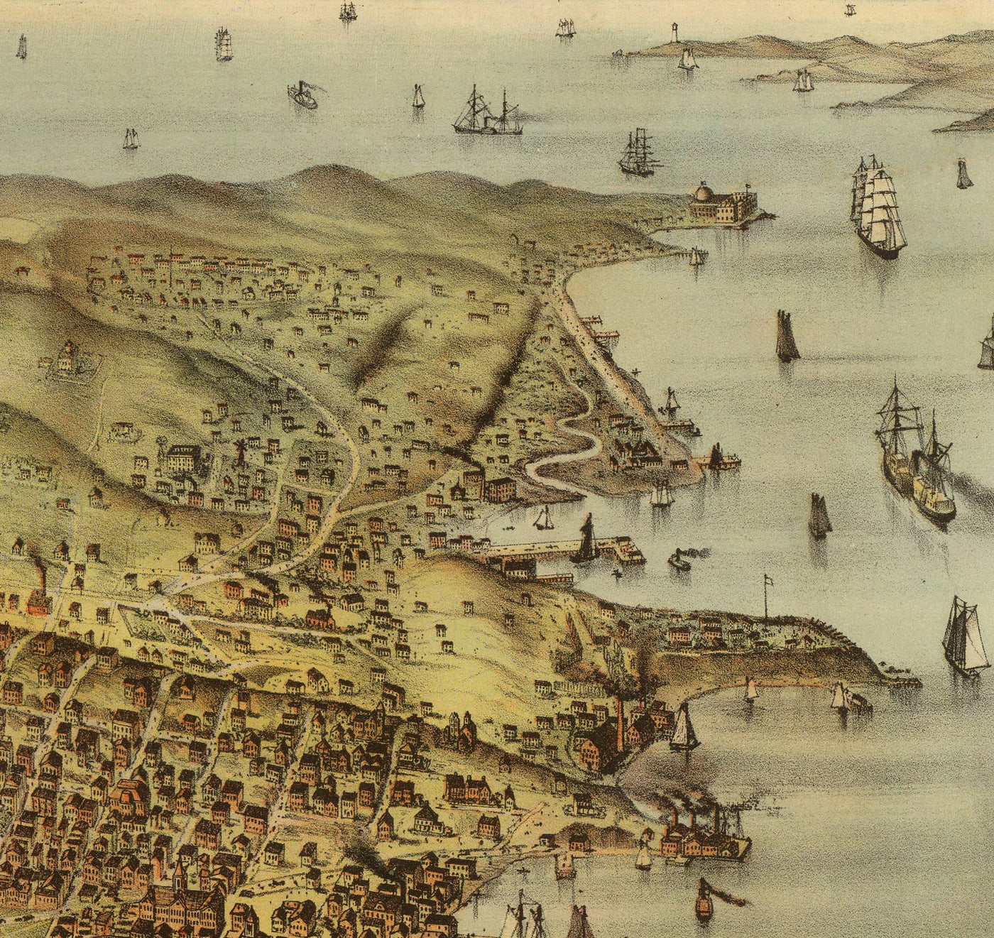 Vieux oiseaux Carte des yeux de San Francisco en 1878 - Baie de la baie, Golden Gate, Gold Rush, Mission Bay, North Beach