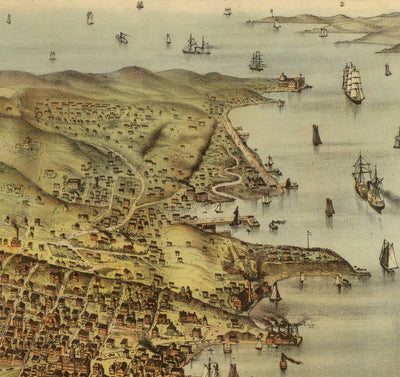 Vieux oiseaux Carte des yeux de San Francisco en 1878 - Baie de la baie, Golden Gate, Gold Rush, Mission Bay, North Beach