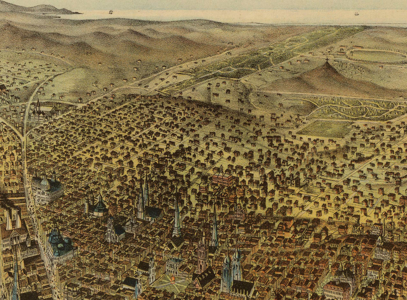 Vieux oiseaux Carte des yeux de San Francisco en 1878 - Baie de la baie, Golden Gate, Gold Rush, Mission Bay, North Beach