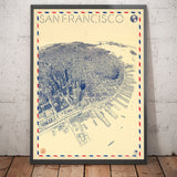 Alte Birds Eye-Karte von San Francisco im Jahr 1982 - Wolkenkratzer, Bay Area, Golden Gate Bridge, Finanzviertel, Nob Hill 