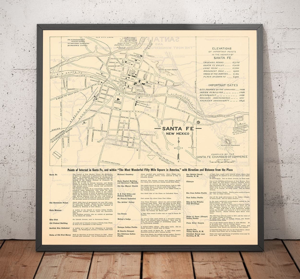 Alter Stadtplan von Santa Fe, New Mexico, 1925 - Seltene Stadtkarte der Landeshauptstadt 