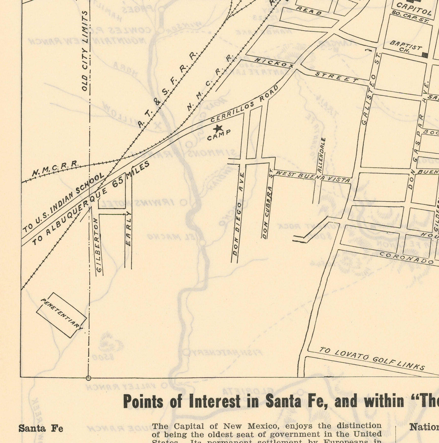 Alter Stadtplan von Santa Fe, New Mexico, 1925 - Seltene Stadtkarte der Landeshauptstadt 
