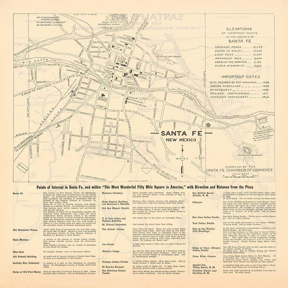 Alter Stadtplan von Santa Fe, New Mexico, 1925 - Seltene Stadtkarte der Landeshauptstadt 