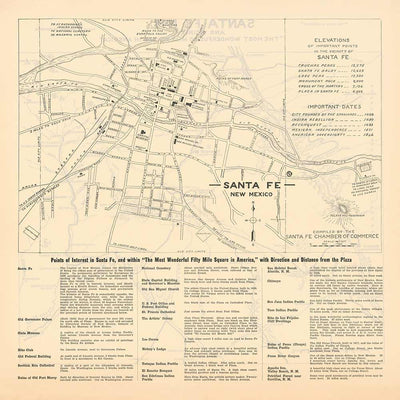 Alter Stadtplan von Santa Fe, New Mexico, 1925 - Seltene Stadtkarte der Landeshauptstadt 