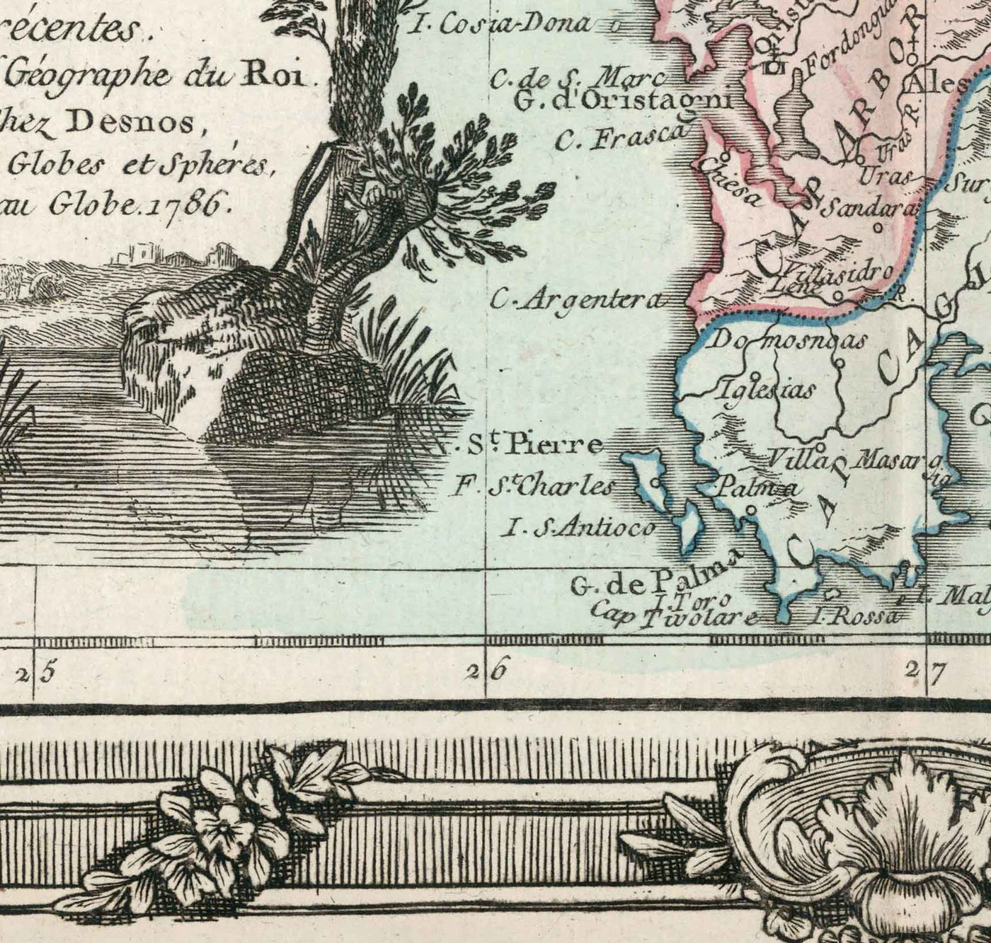 Alte Karte von Sardinien & Korsika von 1786 von Louis Charles Desnos - Sassari, Cagliari, Porto-Vecchio, Bastia, Oristano 