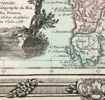 Alte Karte von Sardinien & Korsika von 1786 von Louis Charles Desnos - Sassari, Cagliari, Porto-Vecchio, Bastia, Oristano 