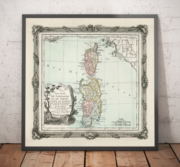 Ancienne carte de la Sardaigne et de la Corse en 1786 par Louis Charles Desnos - Sassari, Cagliari, Porto-Vecchio, Bastia, Oristano