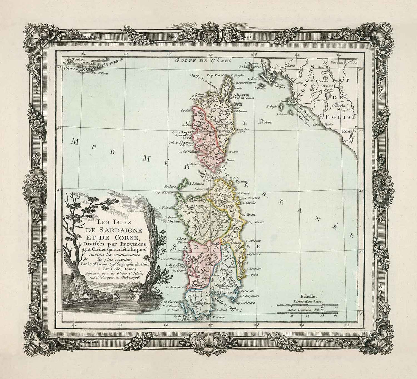 Alte Karte von Sardinien & Korsika von 1786 von Louis Charles Desnos - Sassari, Cagliari, Porto-Vecchio, Bastia, Oristano 
