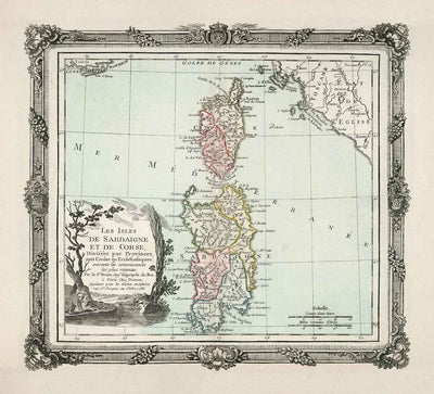 Alte Karte von Sardinien & Korsika von 1786 von Louis Charles Desnos - Sassari, Cagliari, Porto-Vecchio, Bastia, Oristano 