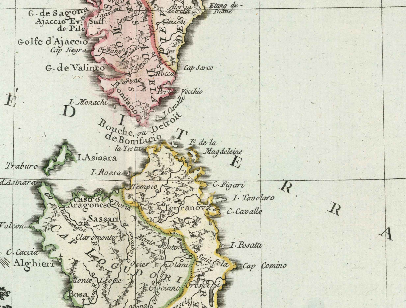 Alte Karte von Sardinien & Korsika von 1786 von Louis Charles Desnos - Sassari, Cagliari, Porto-Vecchio, Bastia, Oristano 