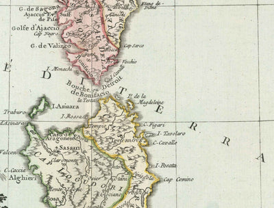 Alte Karte von Sardinien & Korsika von 1786 von Louis Charles Desnos - Sassari, Cagliari, Porto-Vecchio, Bastia, Oristano 