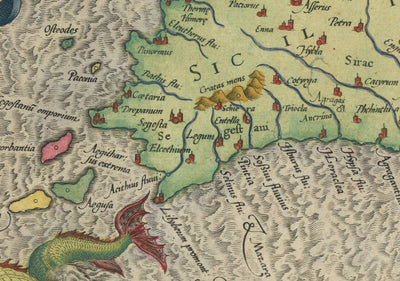 Old Map of Sardinia and Sicily in 1584 by Gerard Mercator - Italy, Cagliari, Catania, Palermo, Sassari