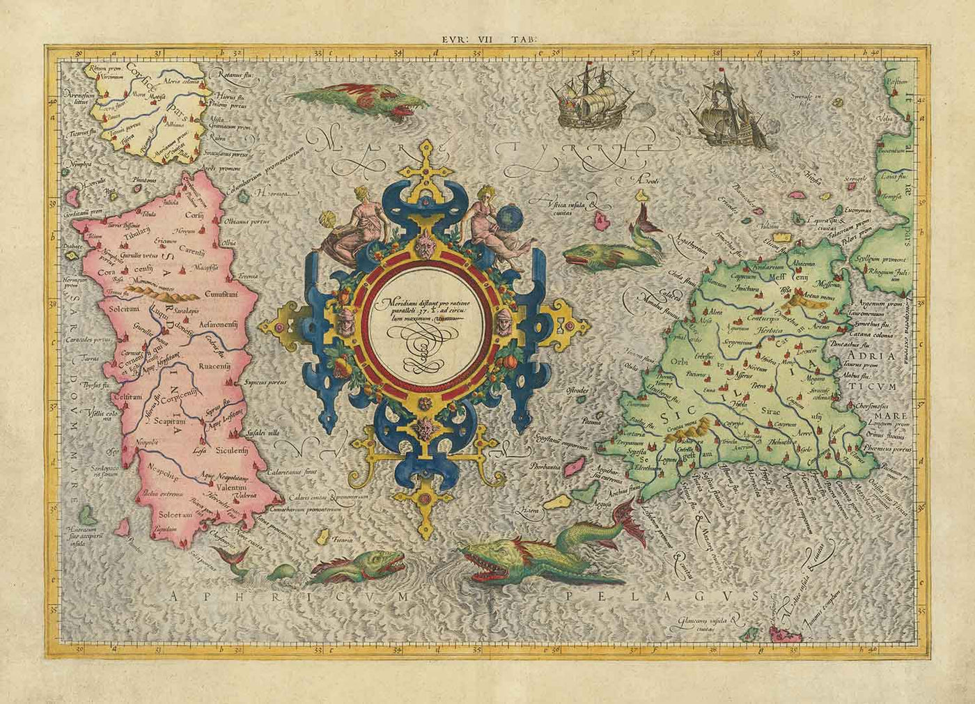 Old Map of Sardinia and Sicily in 1584 by Gerard Mercator - Italy, Cagliari, Catania, Palermo, Sassari