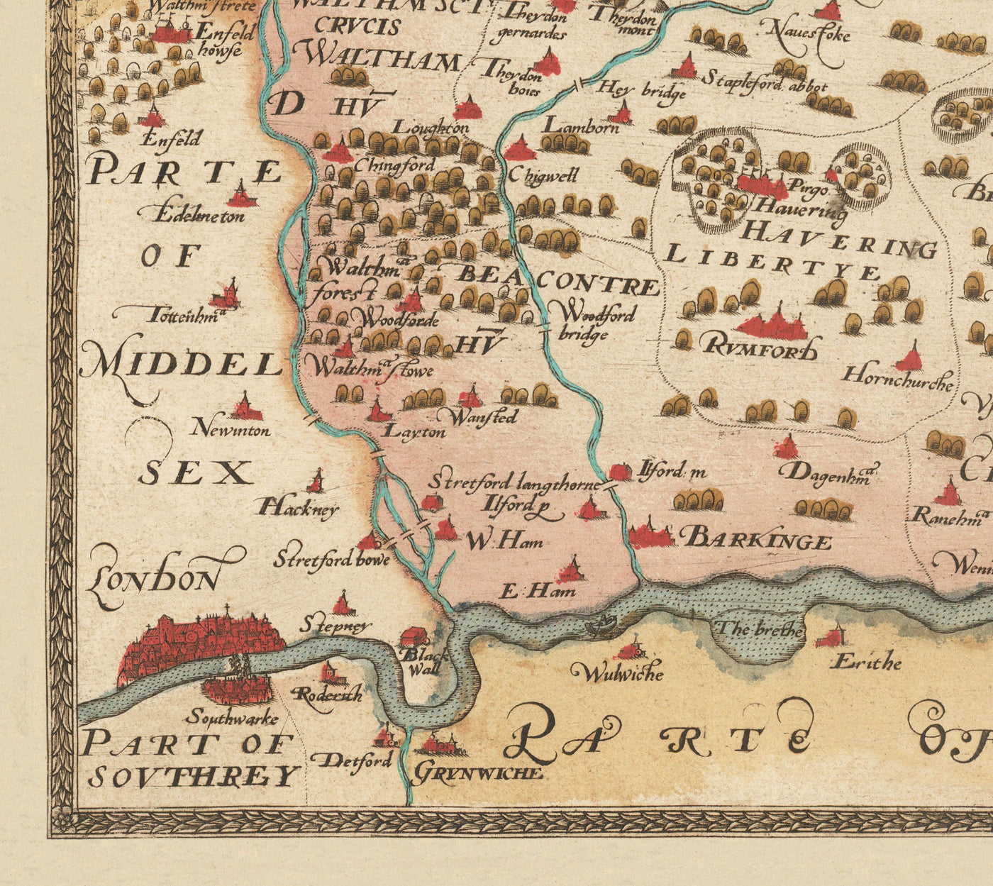 Old Map of Essex 1579 by Christopher Saxton - First Map of Essex -  Southend, Colchester, Chelmsford, Romford, Dagenham, Brentwood