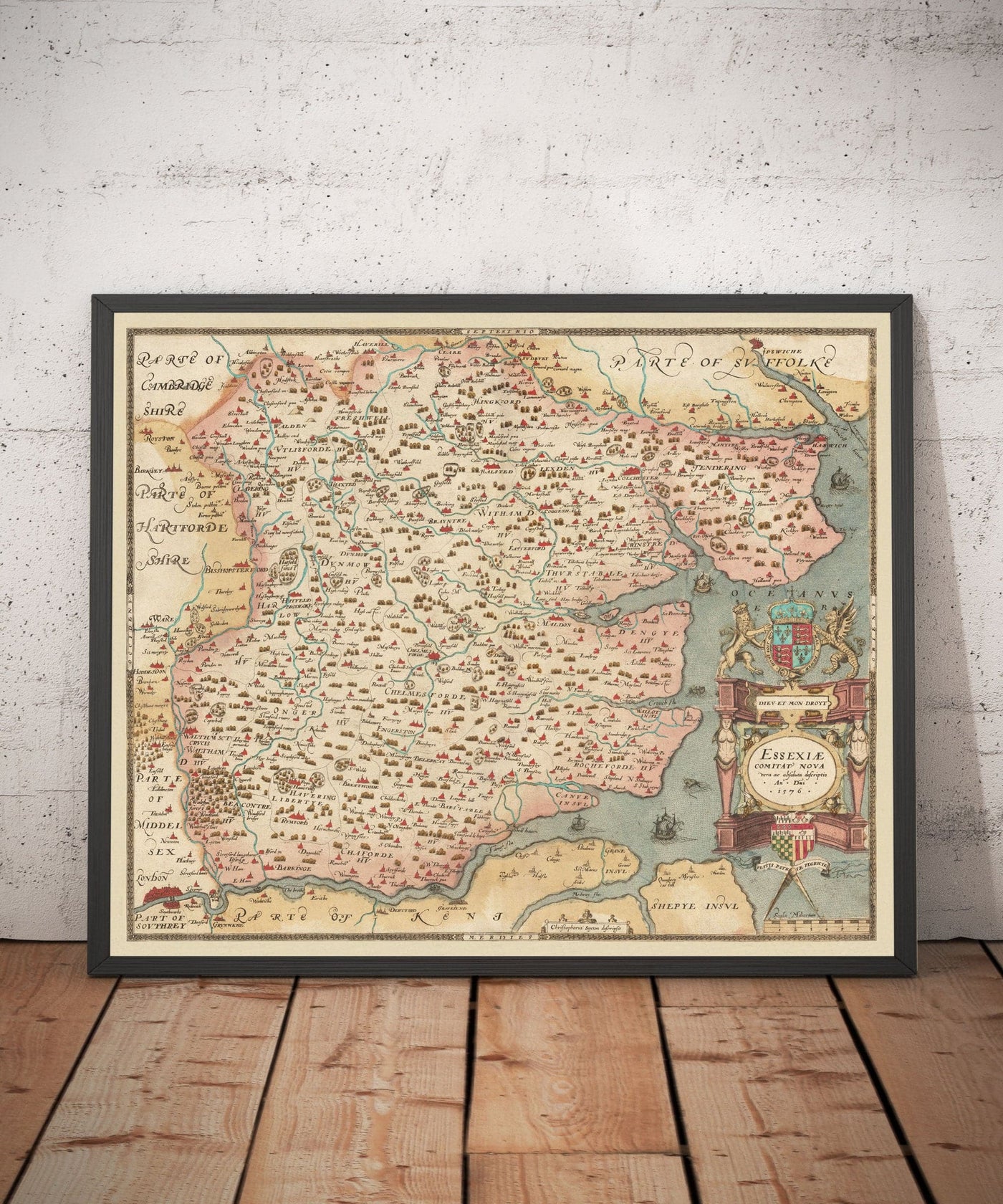 Old Map of Essex 1579 by Christopher Saxton - First Map of Essex -  Southend, Colchester, Chelmsford, Romford, Dagenham, Brentwood