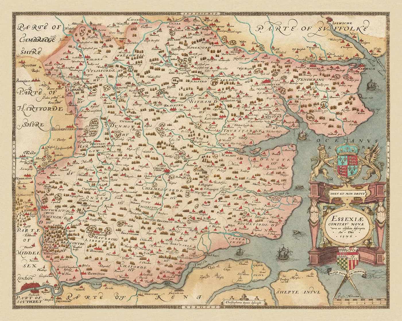 Old Map of Essex 1579 by Christopher Saxton - First Map of Essex -  Southend, Colchester, Chelmsford, Romford, Dagenham, Brentwood